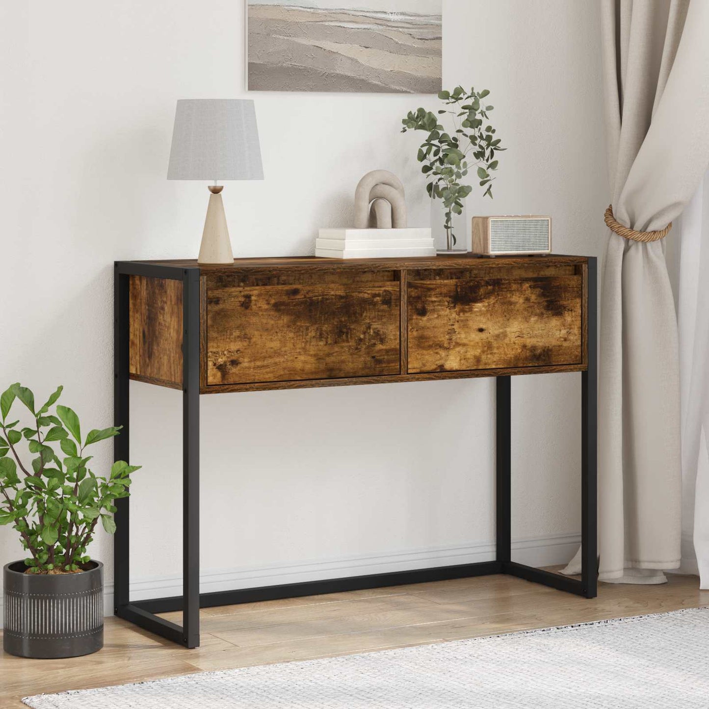 Bijzettafel met lade Rook Eik 100 x 36 x 75 cm Bewerkt hout