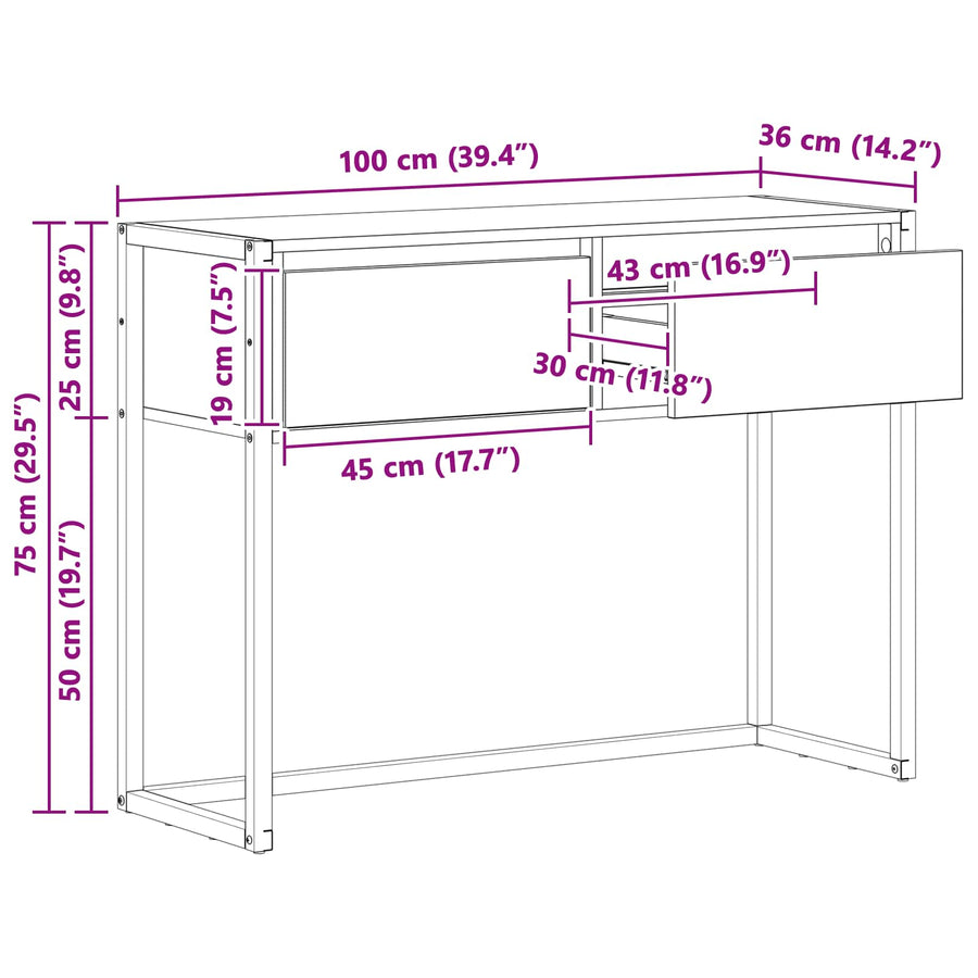 Bijzettafel met lade Grijs Sonoma 100 x 36 x 75 cm Bewerkt hout
