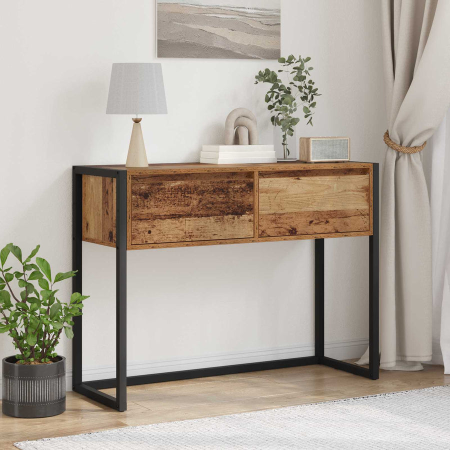 Bijzettafel met lade Oud Hout 100 x 36 x 75 cm Bewerkt hout