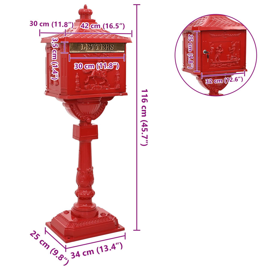Staande brievenbus Rood 42,5 x 29,5 x 117 cm Gegoten aluminium
