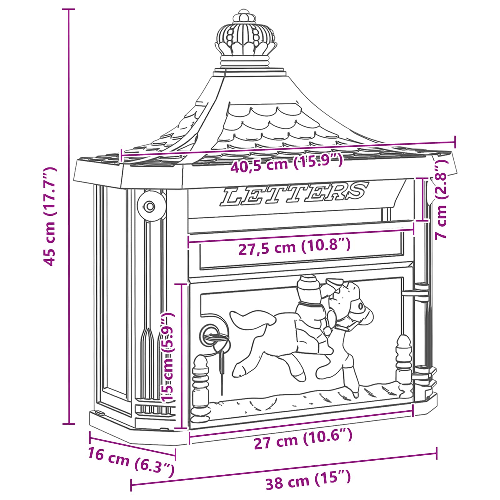 Wandgemonteerde brievenbus met opslag Zwart 40.5 x 15.5 x 44 cm