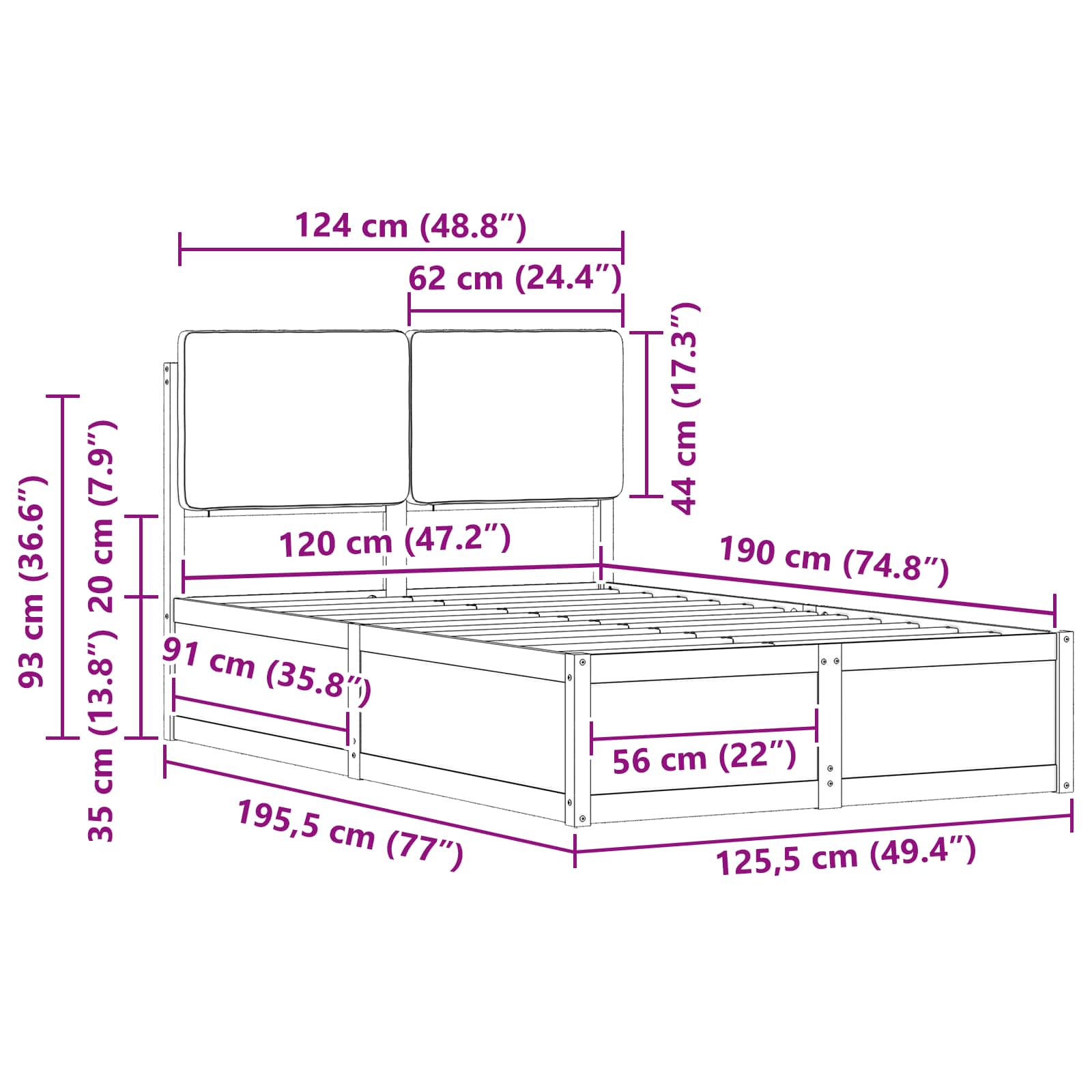 Bedframe Met Gevoerd Hoofdgedeelte 120 x 190 cm Naturel en zwart