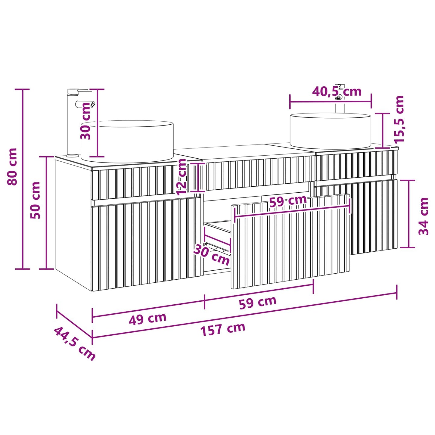 Badkamerkastenset 3 st Betongrijs 49 x 44,5 x 65,5 cm