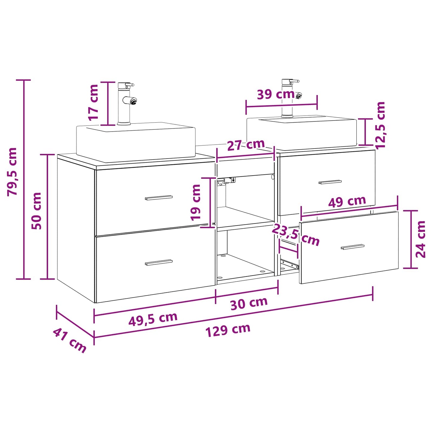 Badkamerkastenset 3 st Betongrijs 49,5 x 41 x 62,5 cm