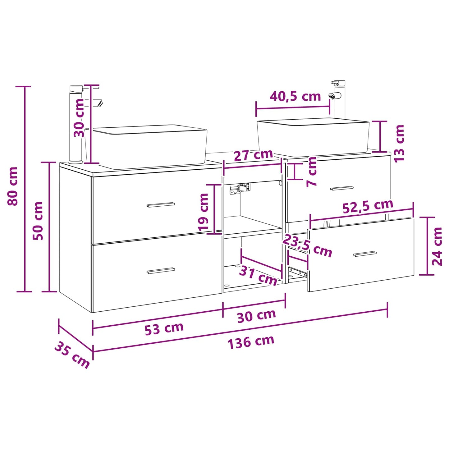 Badkamerkastenset 3 st Wit 53 x 34,5 x 63 cm Bewerkt hout