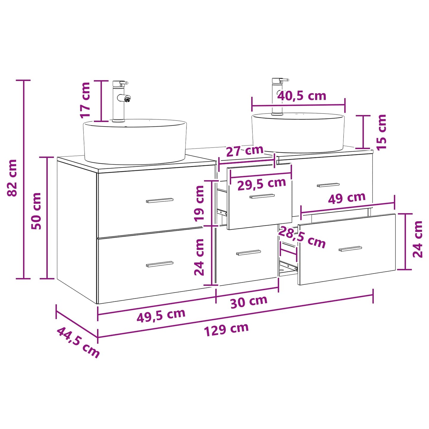 Badkamermeubelset 3 st Betongrijs 49,5 x 44,5 x 65 cm