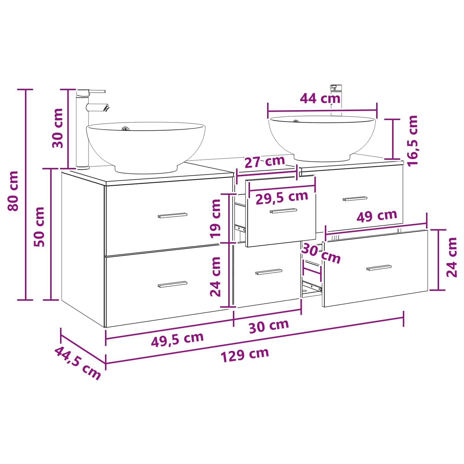 Badkamermeubelset 3 st Wit 49,5 x 44,5 x 65 cm Bewerkt hout