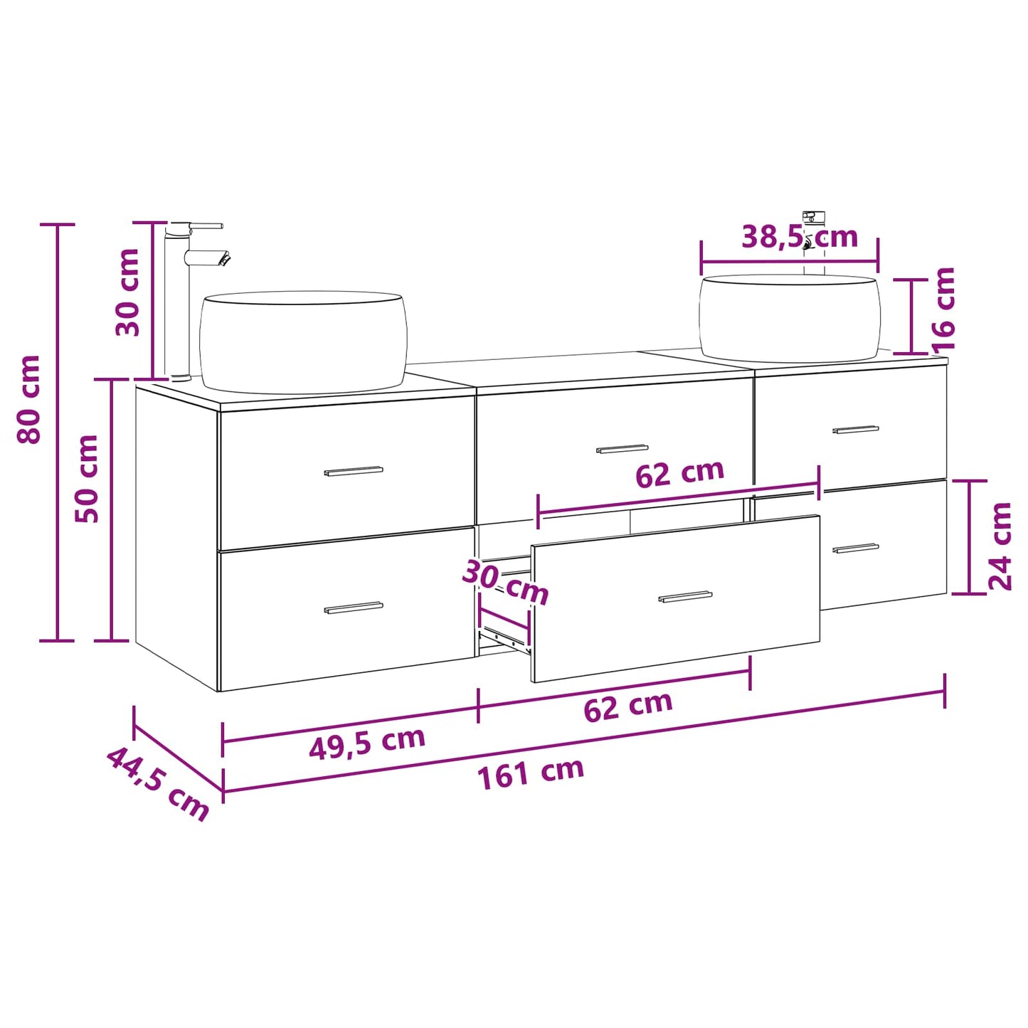 Badkamermeubelset 3 st Zwart 49,5 x 44,5 x 66 cm Bewerkt hout