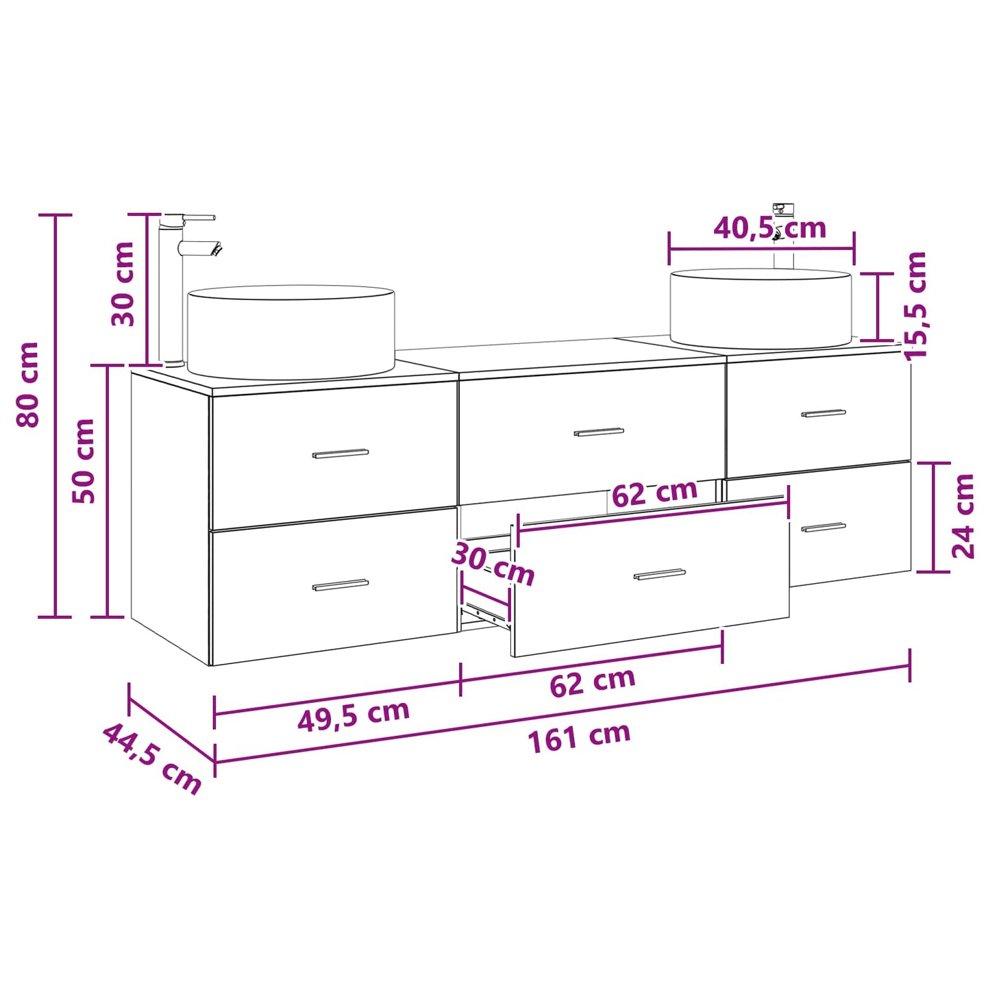 Badkamermeubelset 3 st Wit 49,5 x 44,5 x 65,5 cm Bewerkt hout