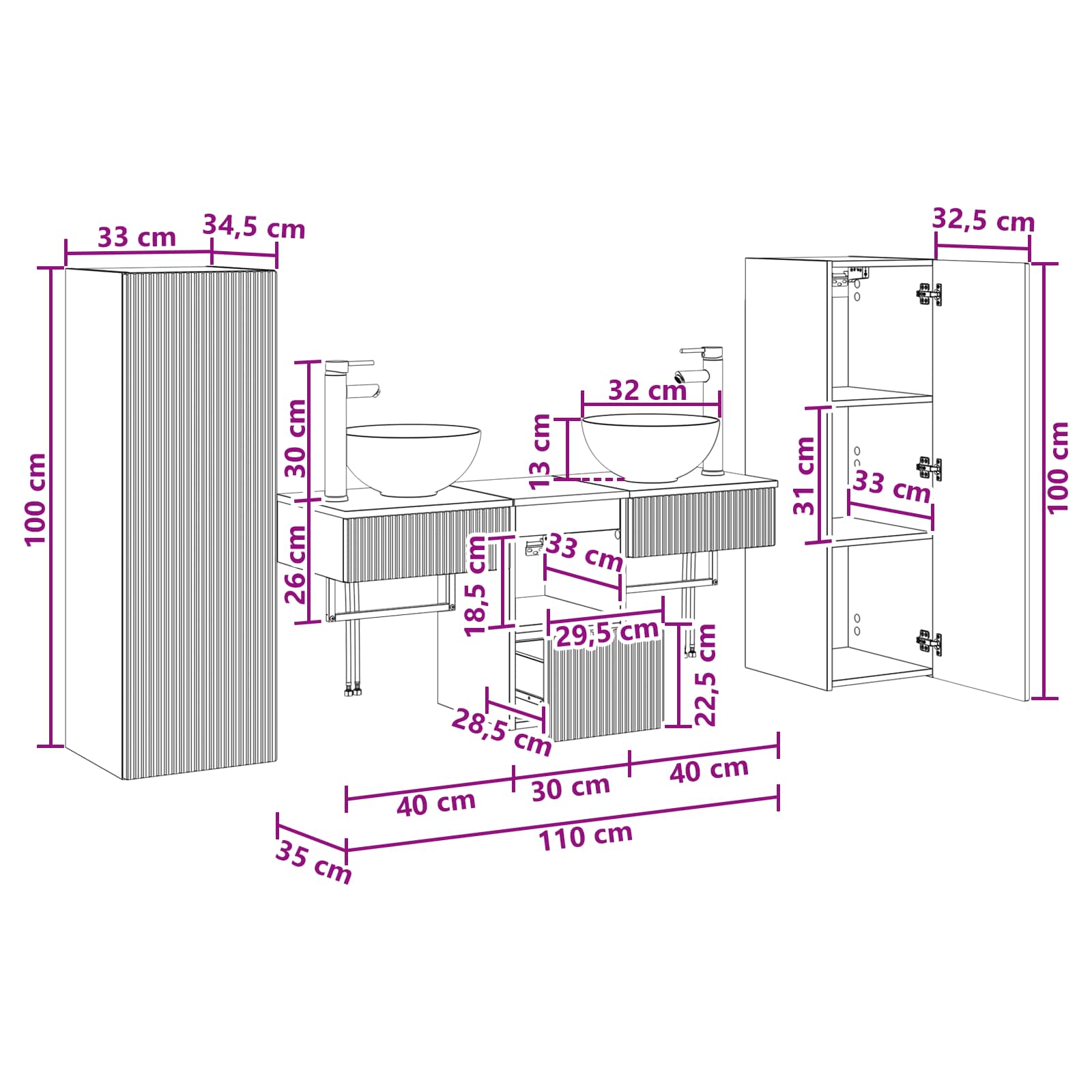 Badkamermeubelset 5 st Wit 33 x 34,5 x 100 cm Bewerkt hout