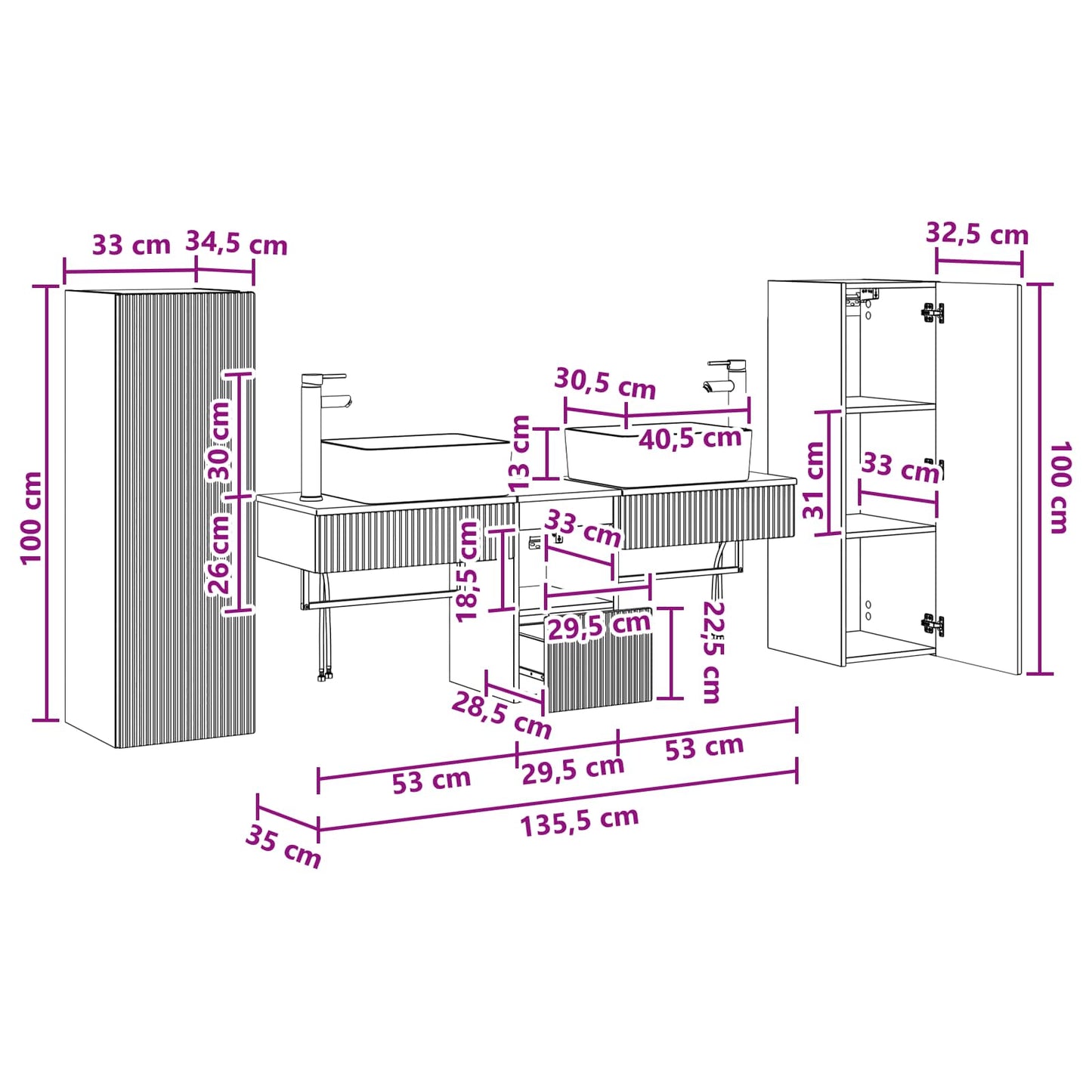 Badkamermeubelset 5 st Wit 33 x 34,5 x 100 cm Bewerkt hout
