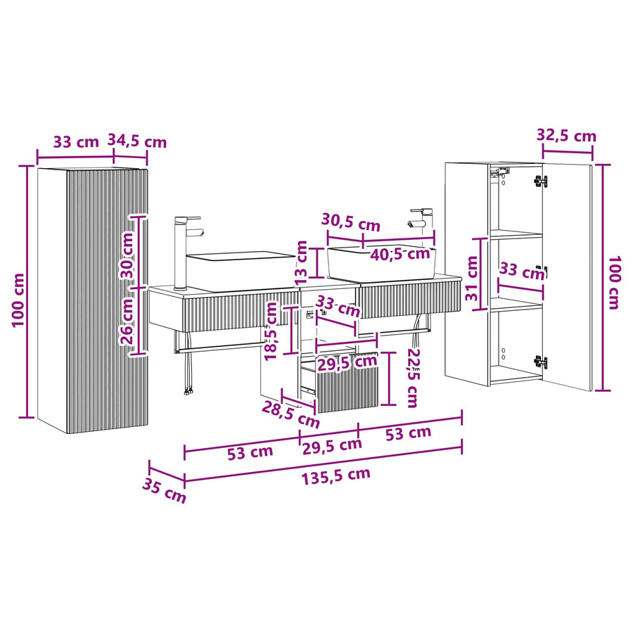 Badkamermeubelset 5 st Grijs Sonoma 33 x 34,5 x 100 cm