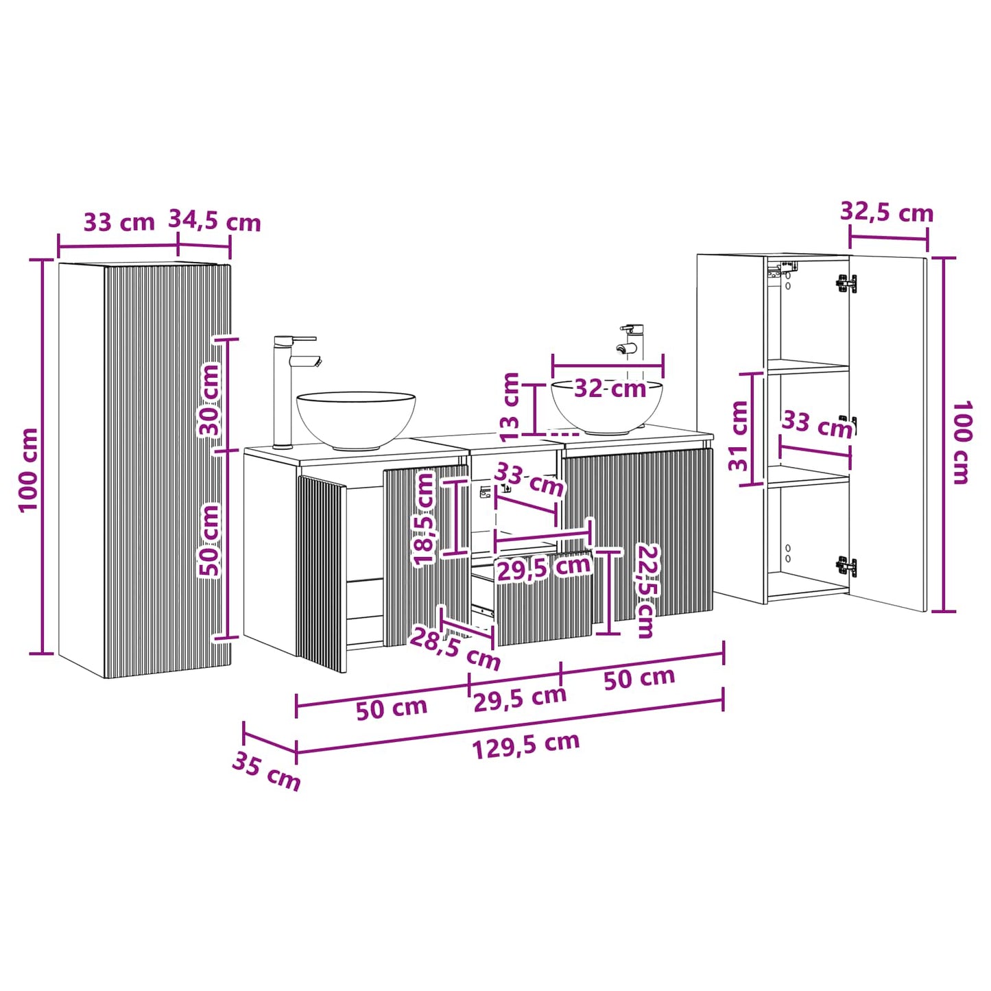 Badkamermeubelset 5 st Hoogglans Wit 33 x 34,5 x 100 cm