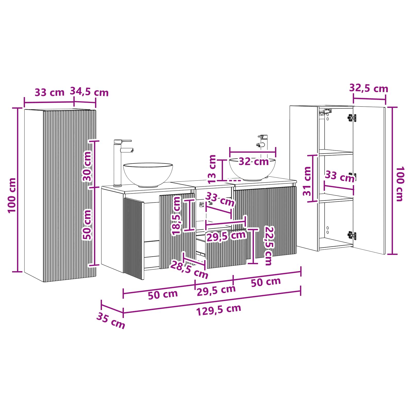 Badkamermeubelset 5 st Grijs Sonoma 33 x 34,5 x 100 cm