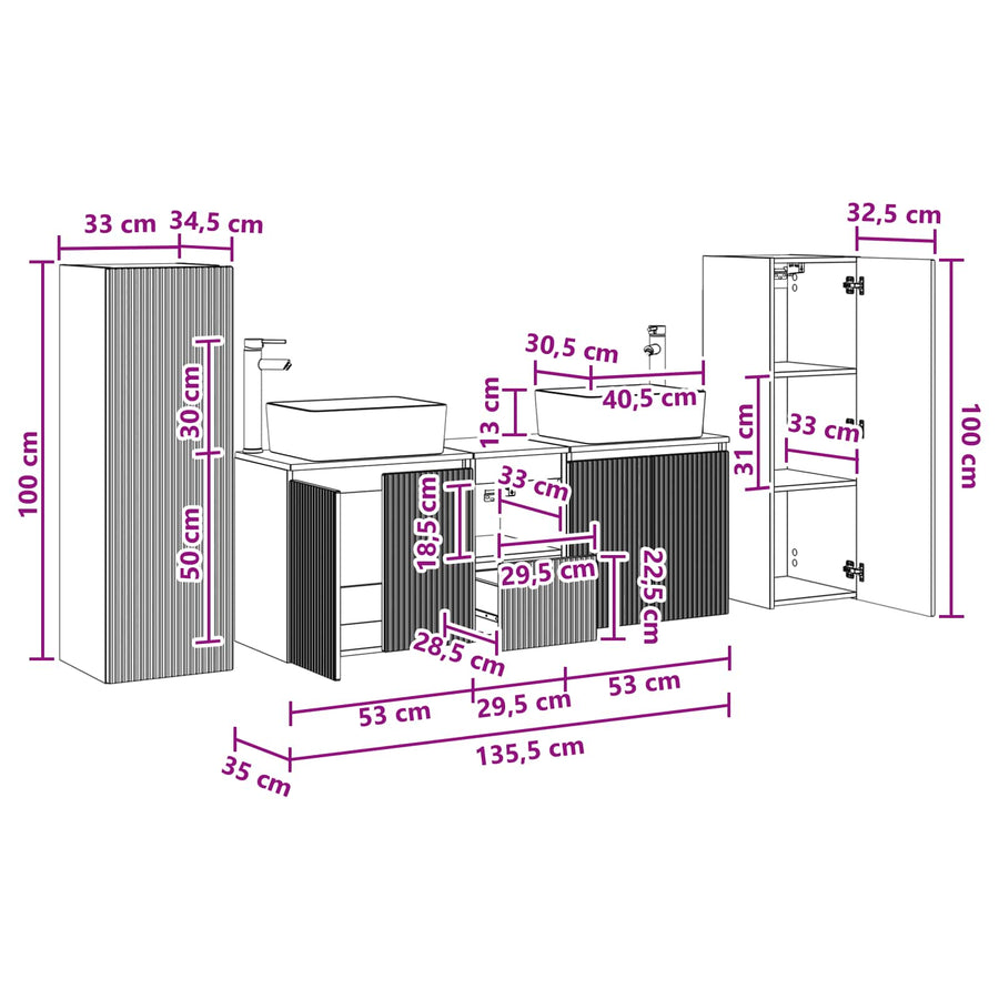 Badkamermeubelset 5 st Grijs Sonoma 33 x 34,5 x 100 cm