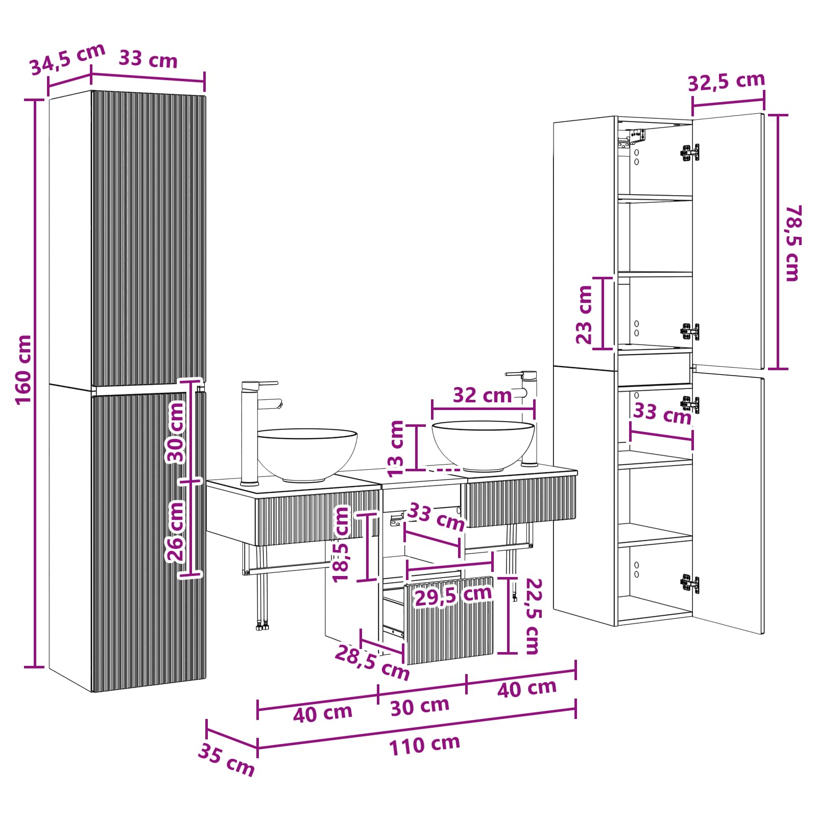 Badkamermeubelset 5 st Zwart 33 x 34,5 x 160 cm Bewerkt hout