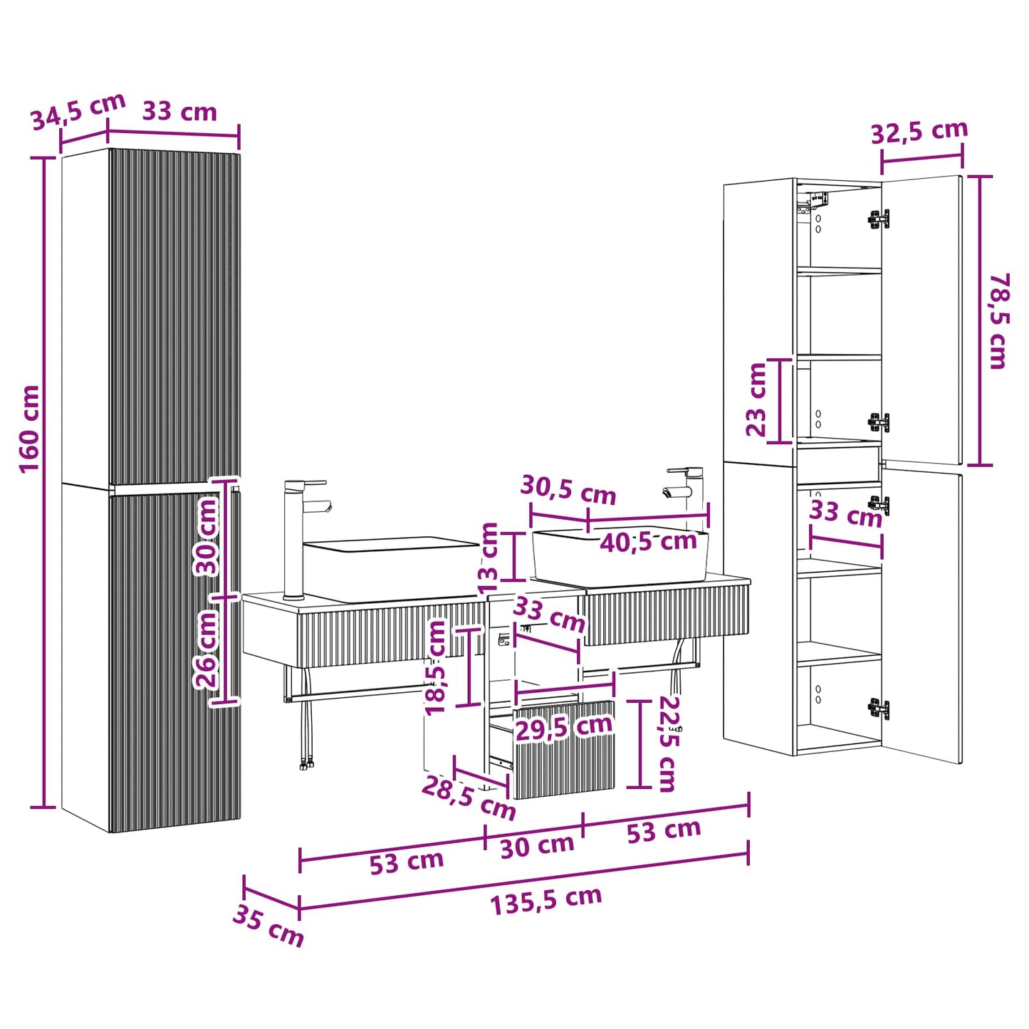 Badkamermeubelset 5 st Hoogglans Wit 33 x 34,5 x 160 cm