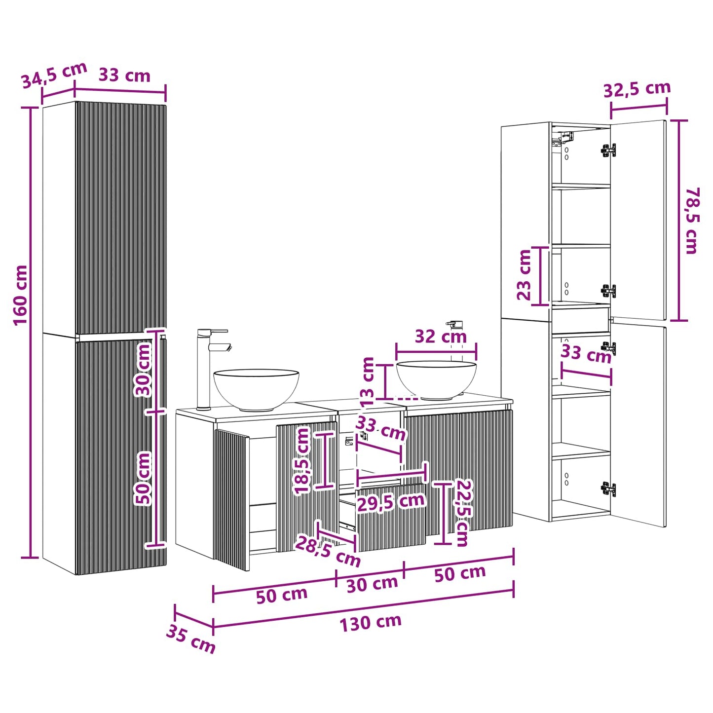 Badkamermeubelset 5 st Betongrijs 33 x 34,5 x 160 cm