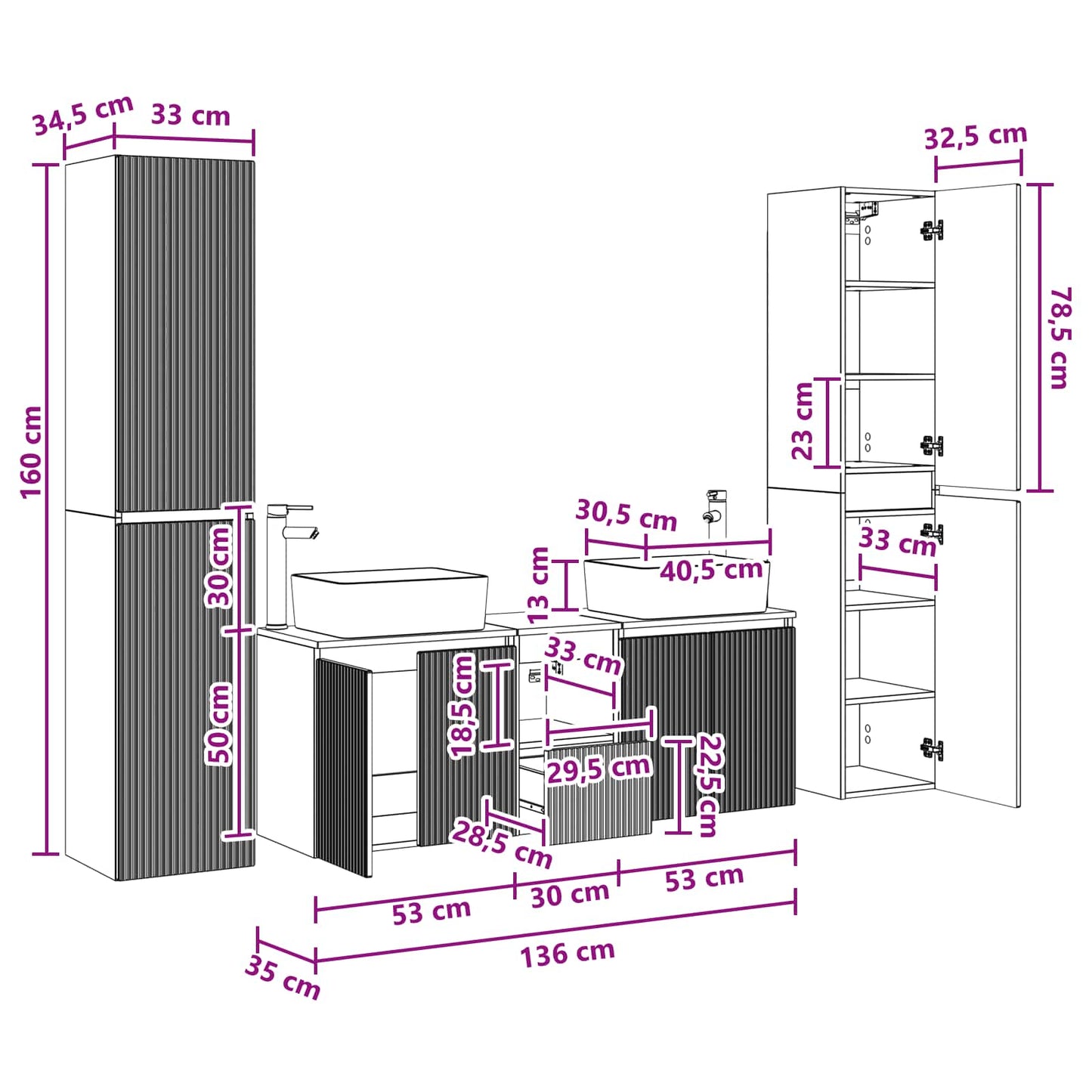 Badkamermeubelset 5 st Betongrijs 33 x 34,5 x 160 cm