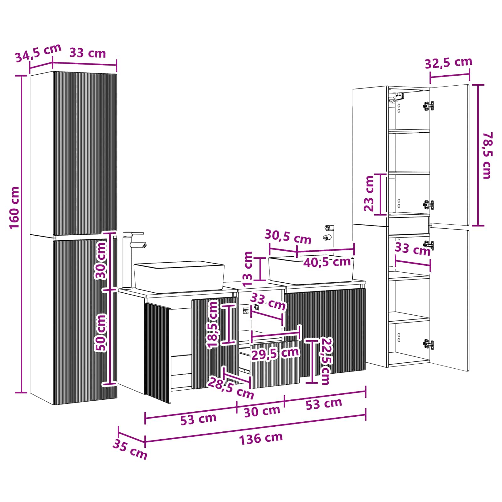 Badkamermeubelset 5 st Hoogglans Wit 33 x 34,5 x 160 cm