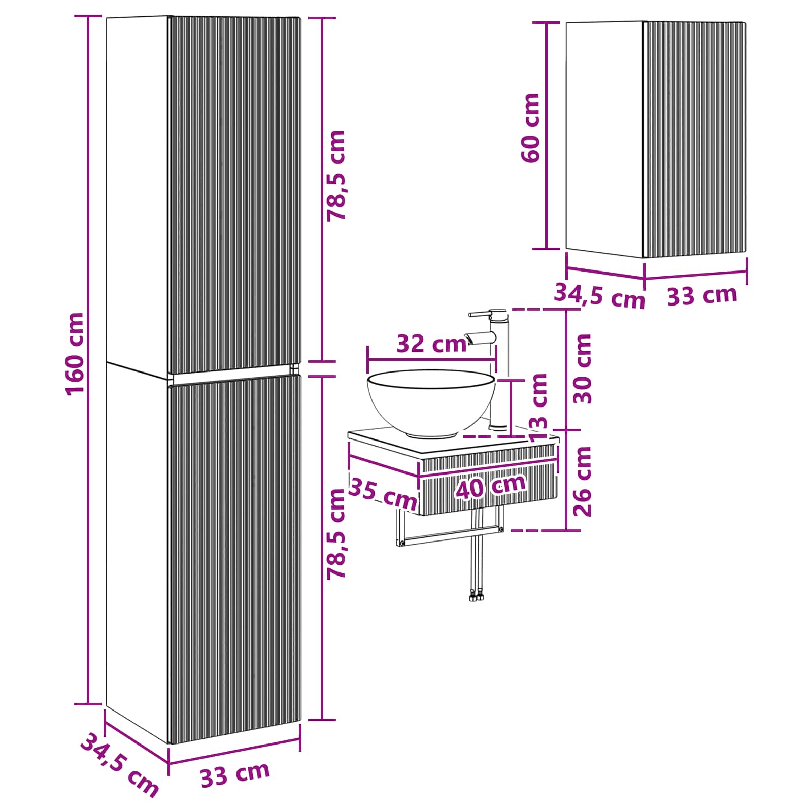 Badkamermeubelset 3 st Gerookt eiken 33 x 34,5 x 160 cm