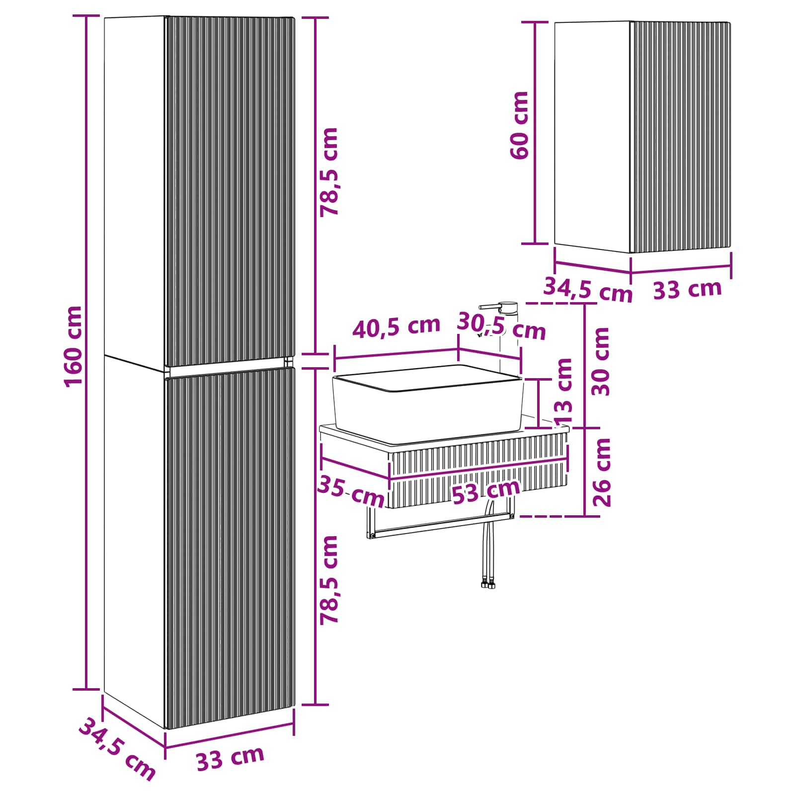 Badkamermeubelset 3 st Gerookt eiken 33 x 34,5 x 160 cm