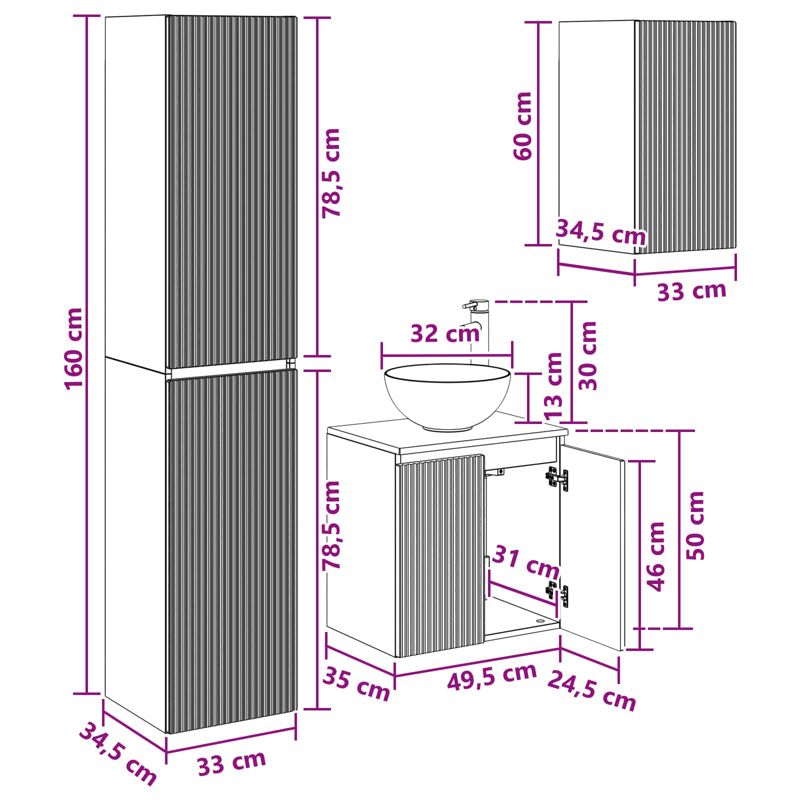 Badkamermeubelset 3 st Sonoma Eiken 33 x 34,5 x 160 cm
