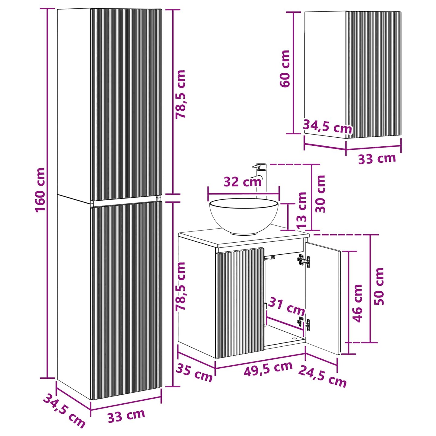 Badkamermeubelset 3 st Hoogglans Wit 33 x 34,5 x 160 cm