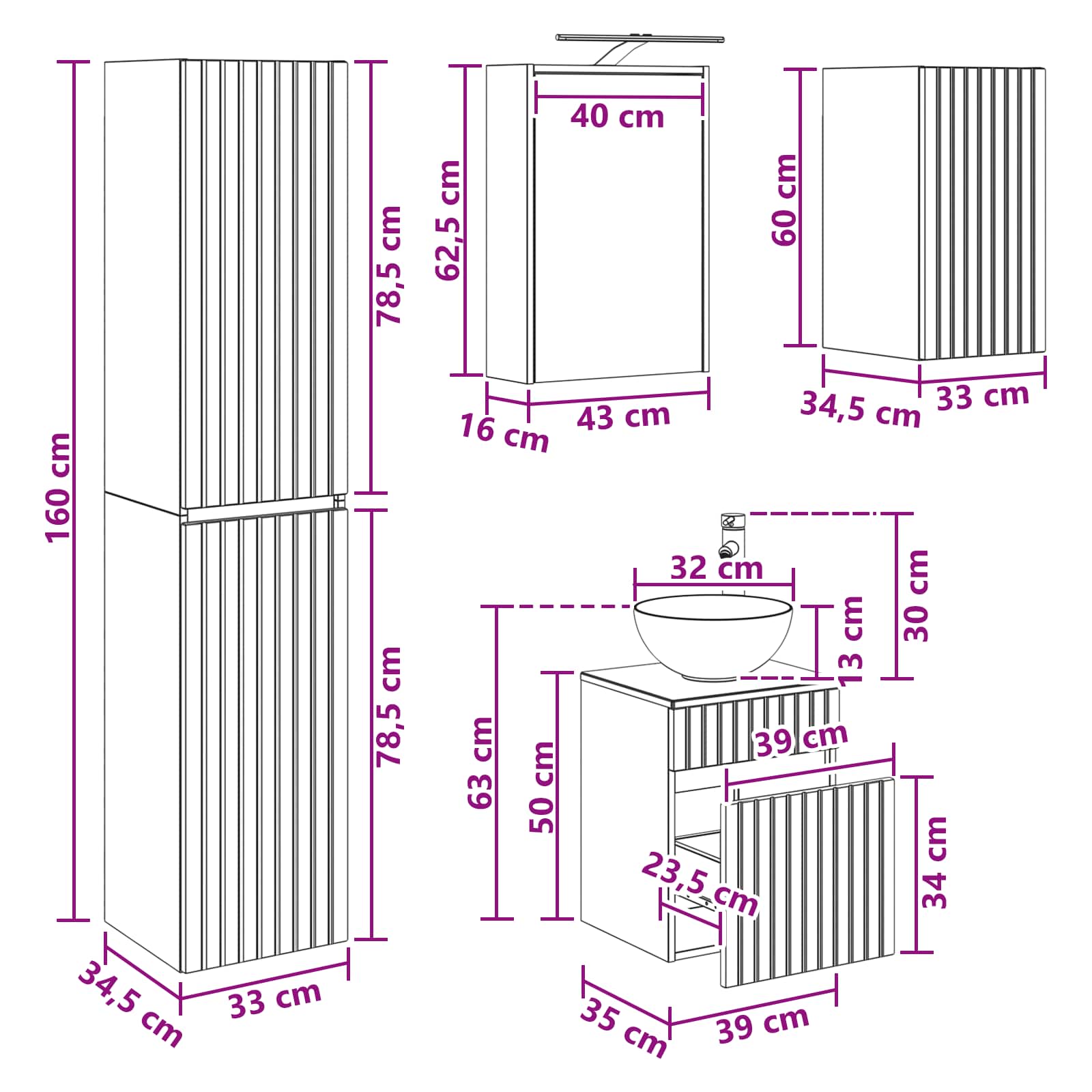 Badkamermeubelset 3 st Betongrijs 33 x 34,5 x 160 cm