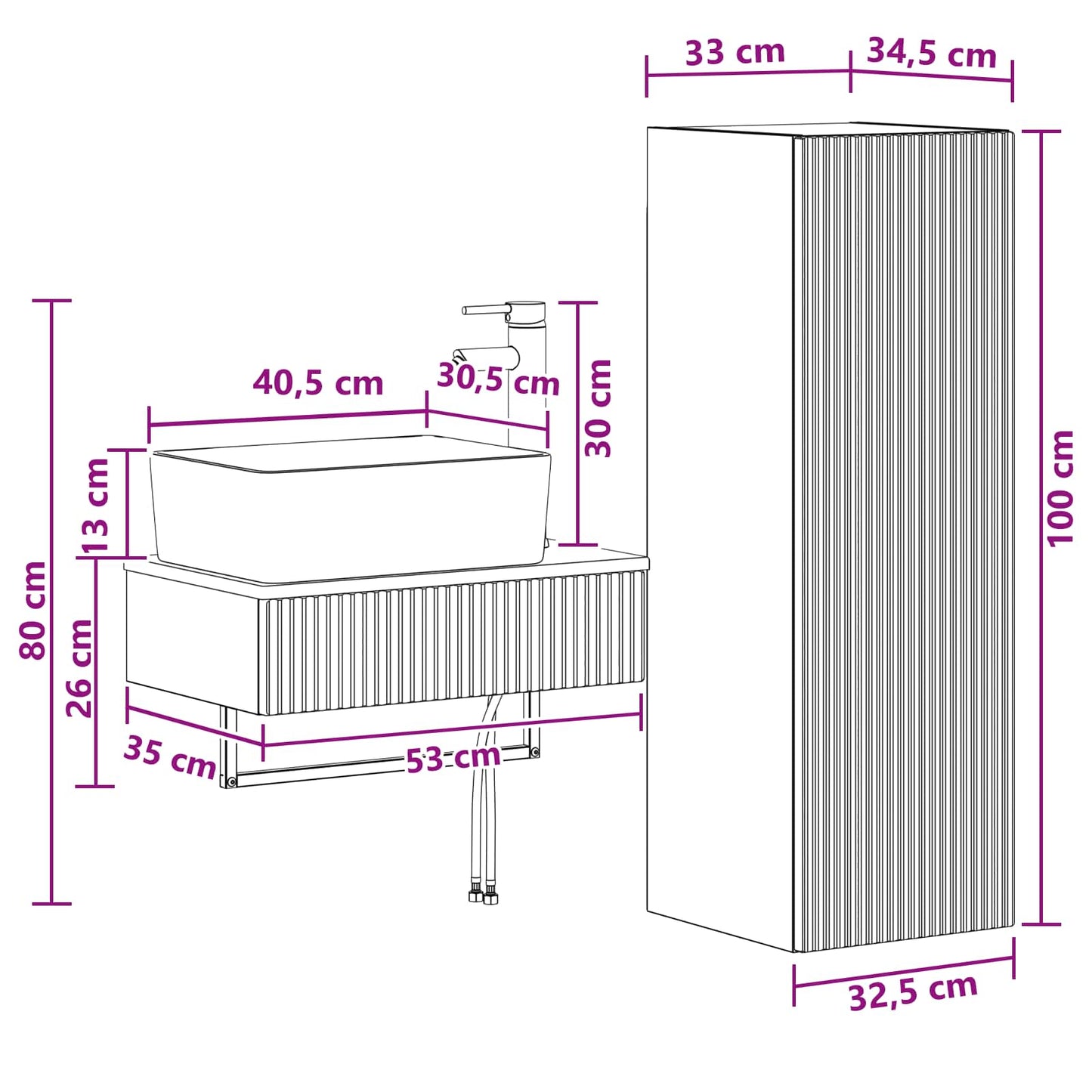 Badkamermeubelset 2 st Wit 33 x 34,5 x 100 cm Bewerkt hout