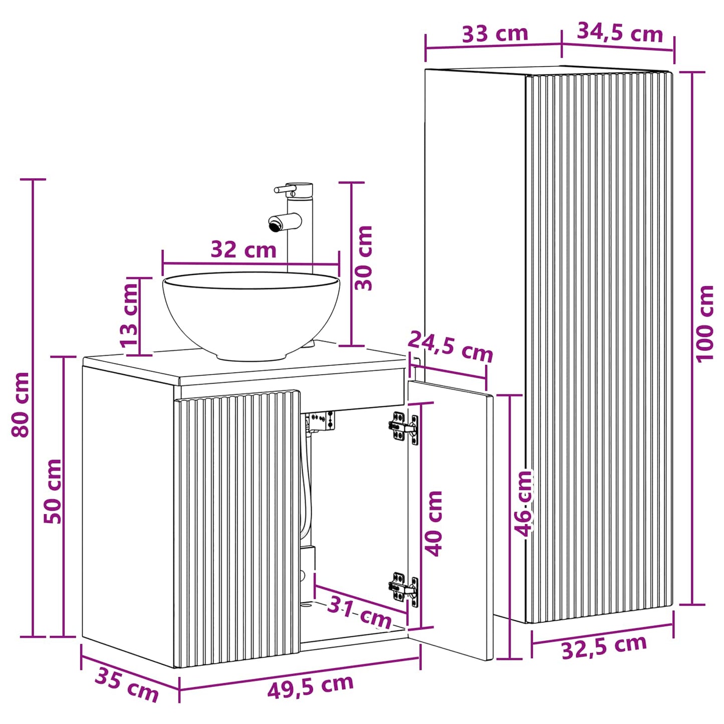 Badkamermeubelset 2 st Hoogglans Wit 33 x 34,5 x 100 cm
