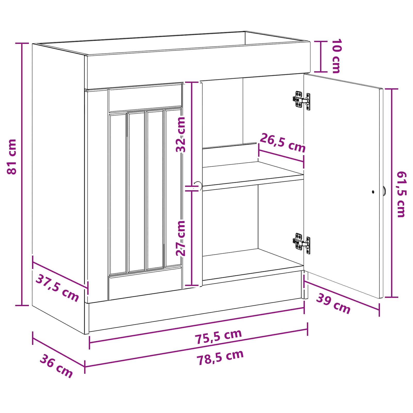 Badkamer onder wastafel kast Gerookt eiken 78,5 x 37,5 x 81 cm
