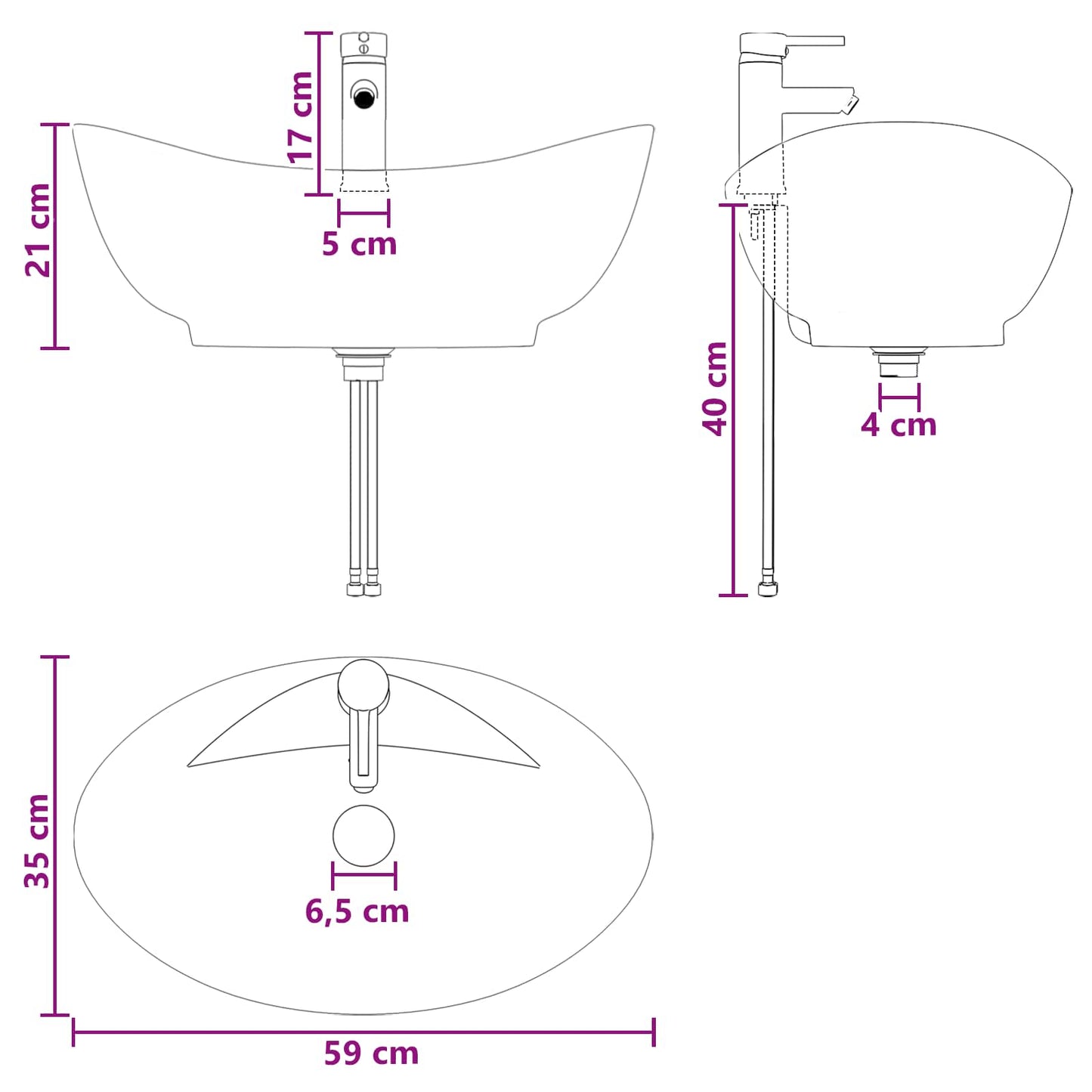 Badkamer Waskom Mat Zwart 59 x 35 x 21 cm Metaal