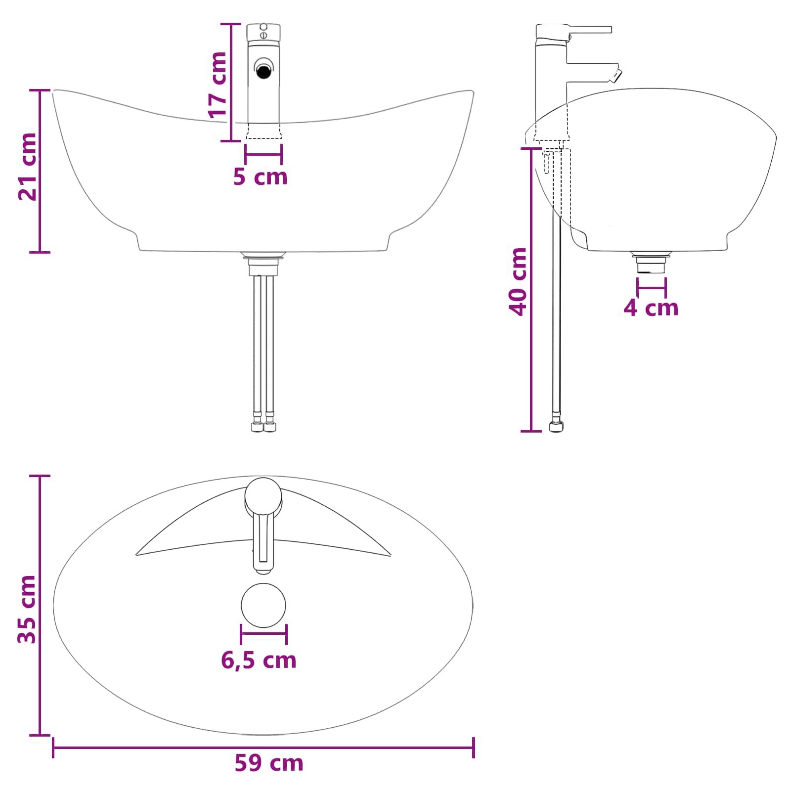 Badkamer Waskom Mat Zwart 59 x 35 x 21 cm Metaal