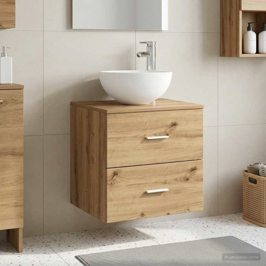 Wandgemonteerde wastafelmeubel Artisanaal eiken