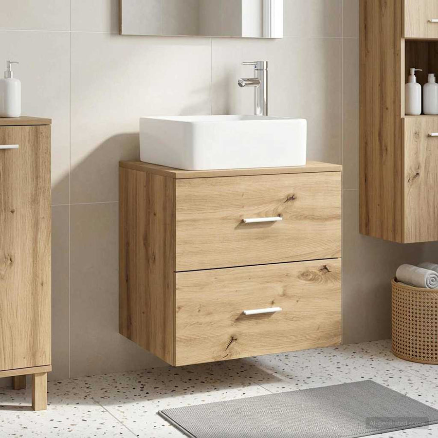 Wandgemonteerde wastafelmeubel Artisanaal eiken