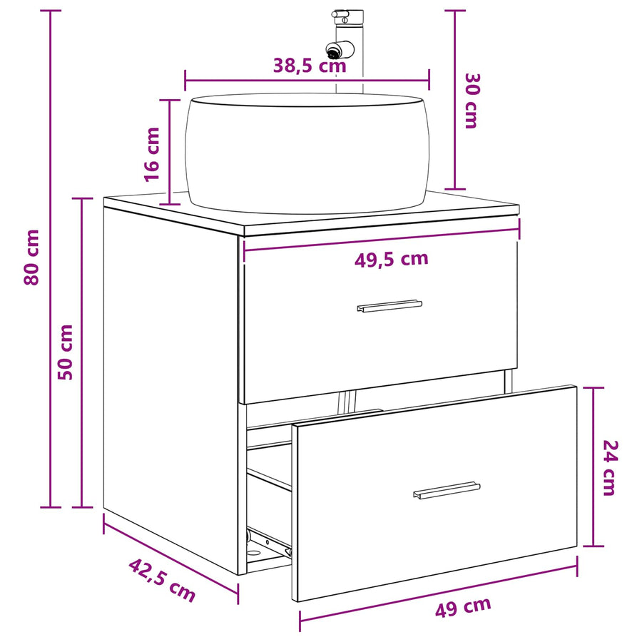 Wandgemonteerde wastafelmeubel Sonoma Eiken 49,5 x 44,5 x 66 cm