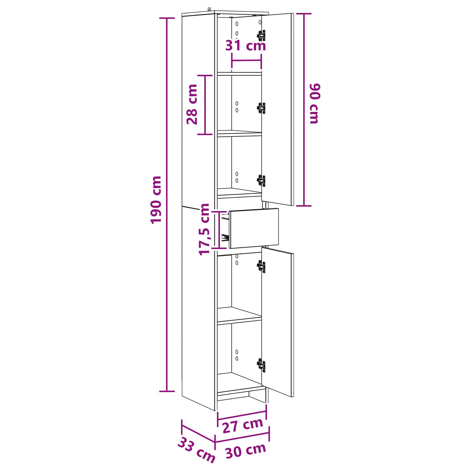 Badkamerkast Artisanaal eiken 30 x 33 x 190 cm Bewerkt hout