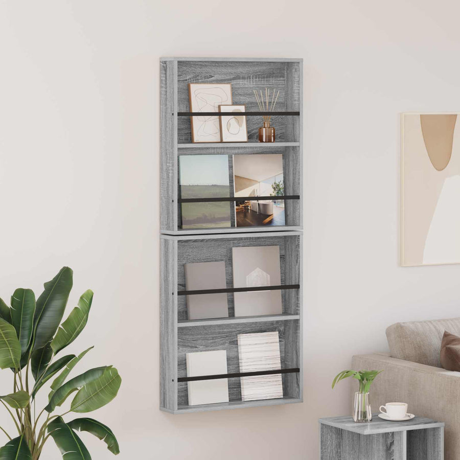 Tijdschrift Rek 2 Pcs Bewerkt Hout 60 x 12 x 70 cm Grijs sonoma