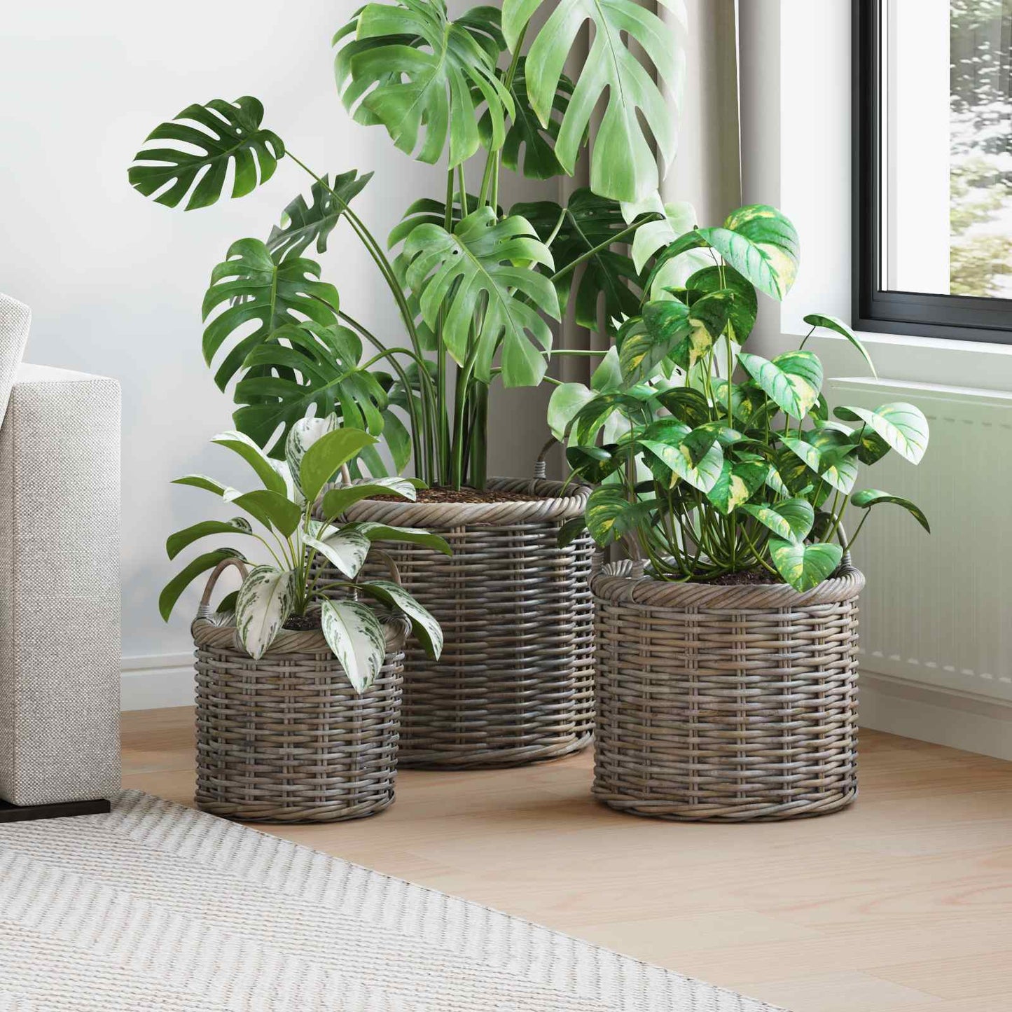 Plantenmand met opslag 3 pcs Grijs Kubu Rattan