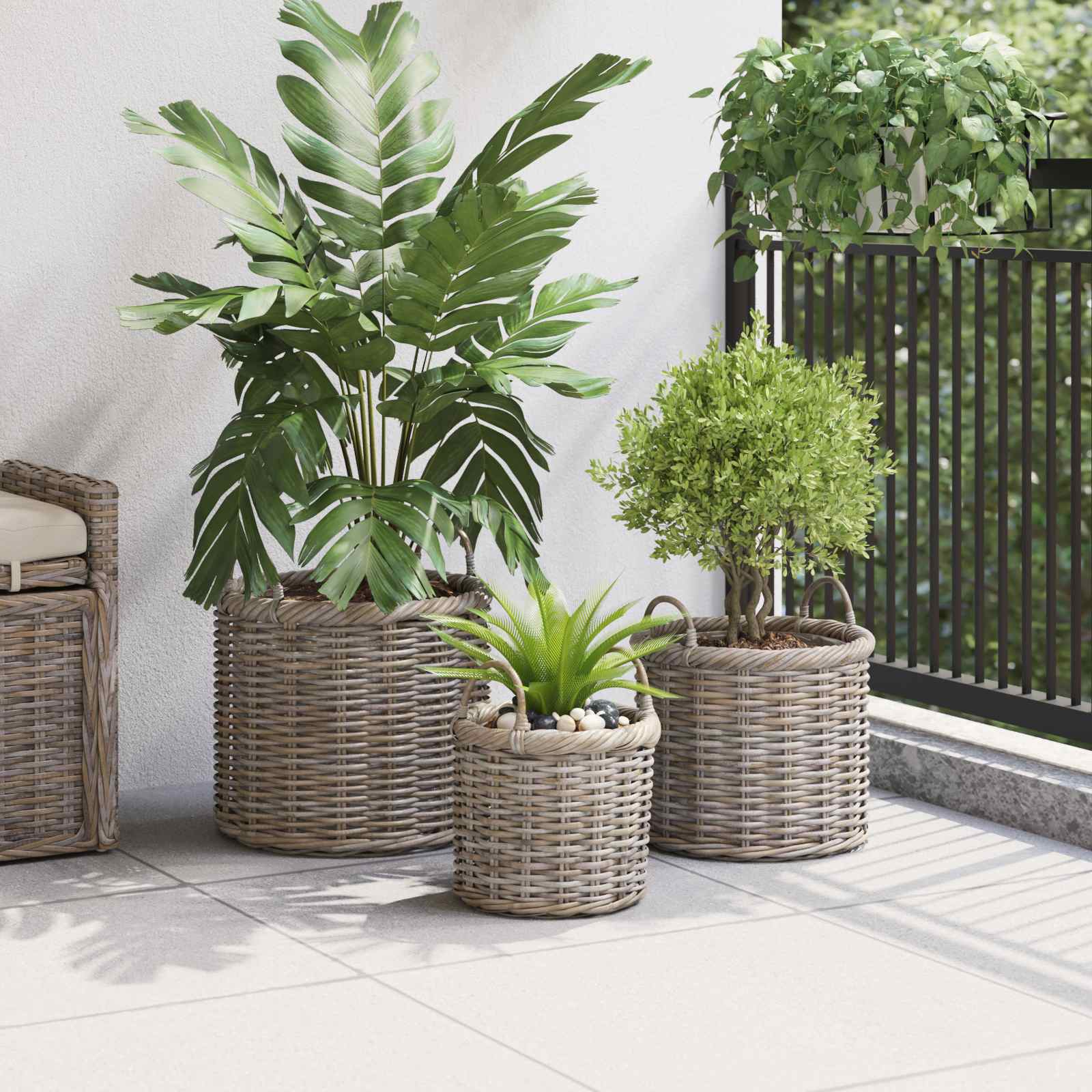 Plantenmand met opslag 3 pcs Grijs Kubu Rattan