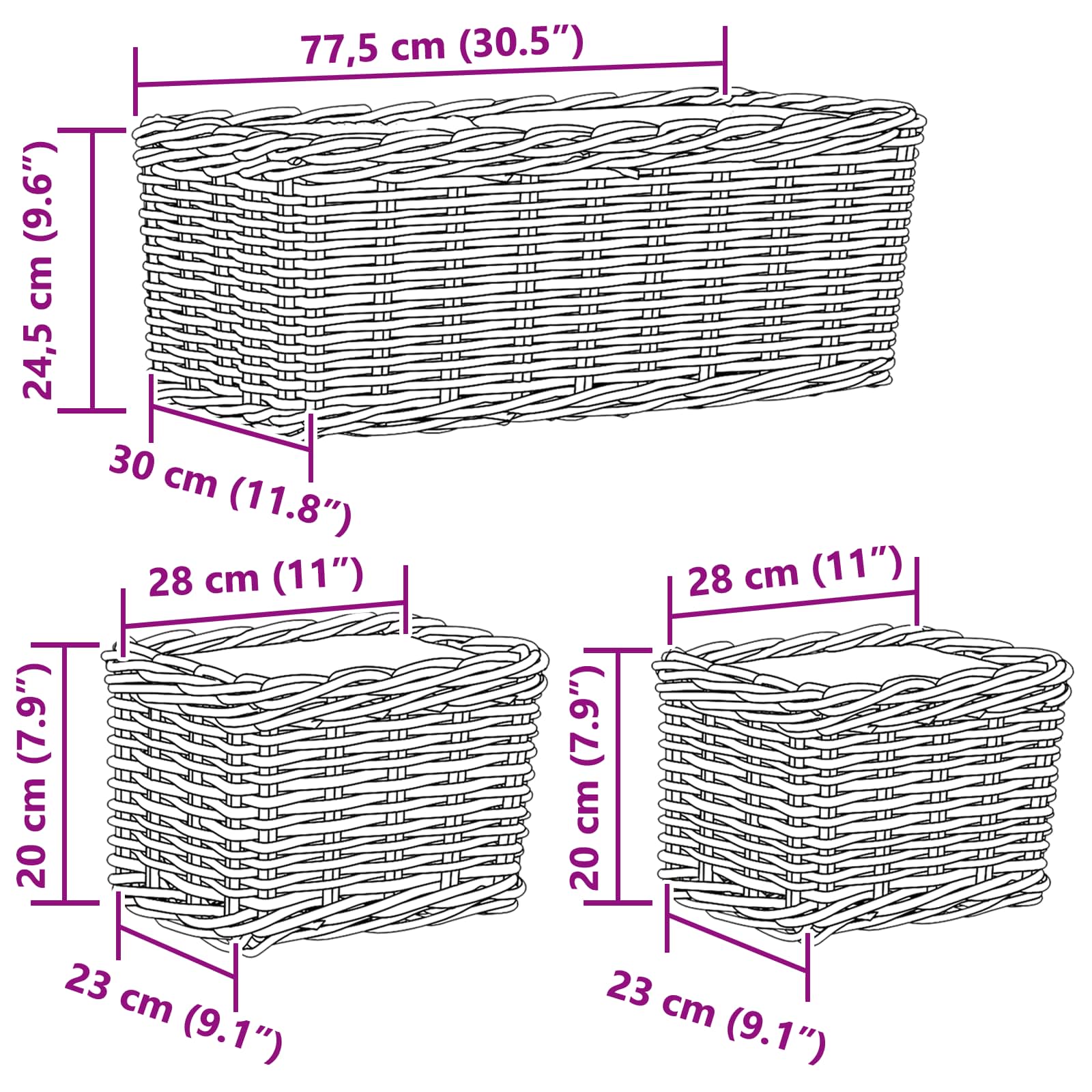 Plantenmand met opslag 3 pcs Grijs Kubu Rattan