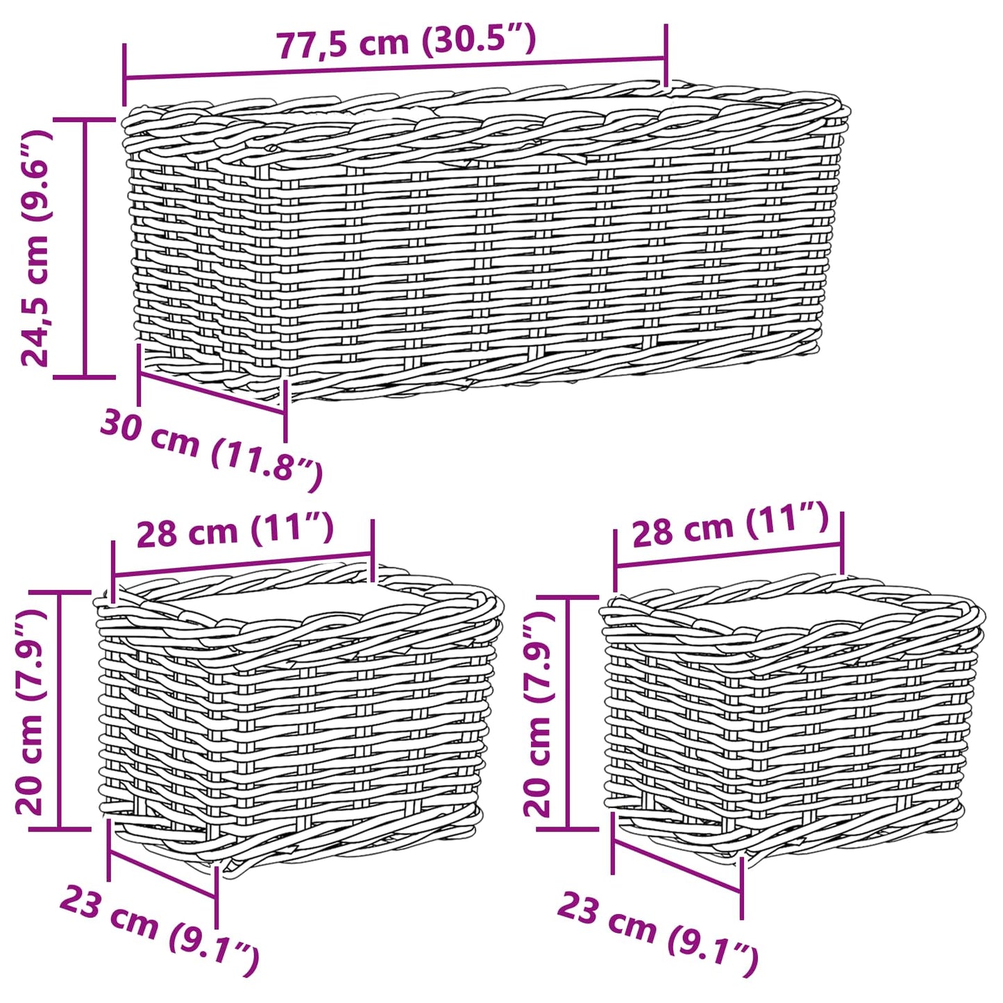 Plantenmand met opslag 3 pcs Bruin Kubu Rattan