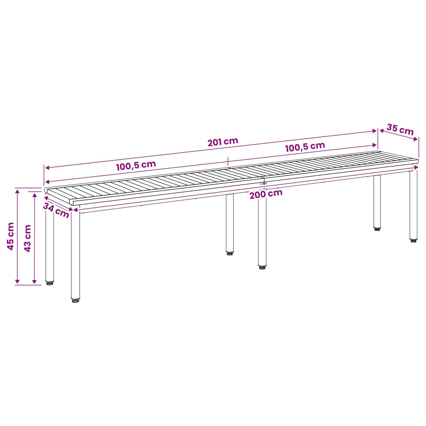 Tuinbank 201 x 35 x 45 cm Massief Acaciahout Rechthoekig