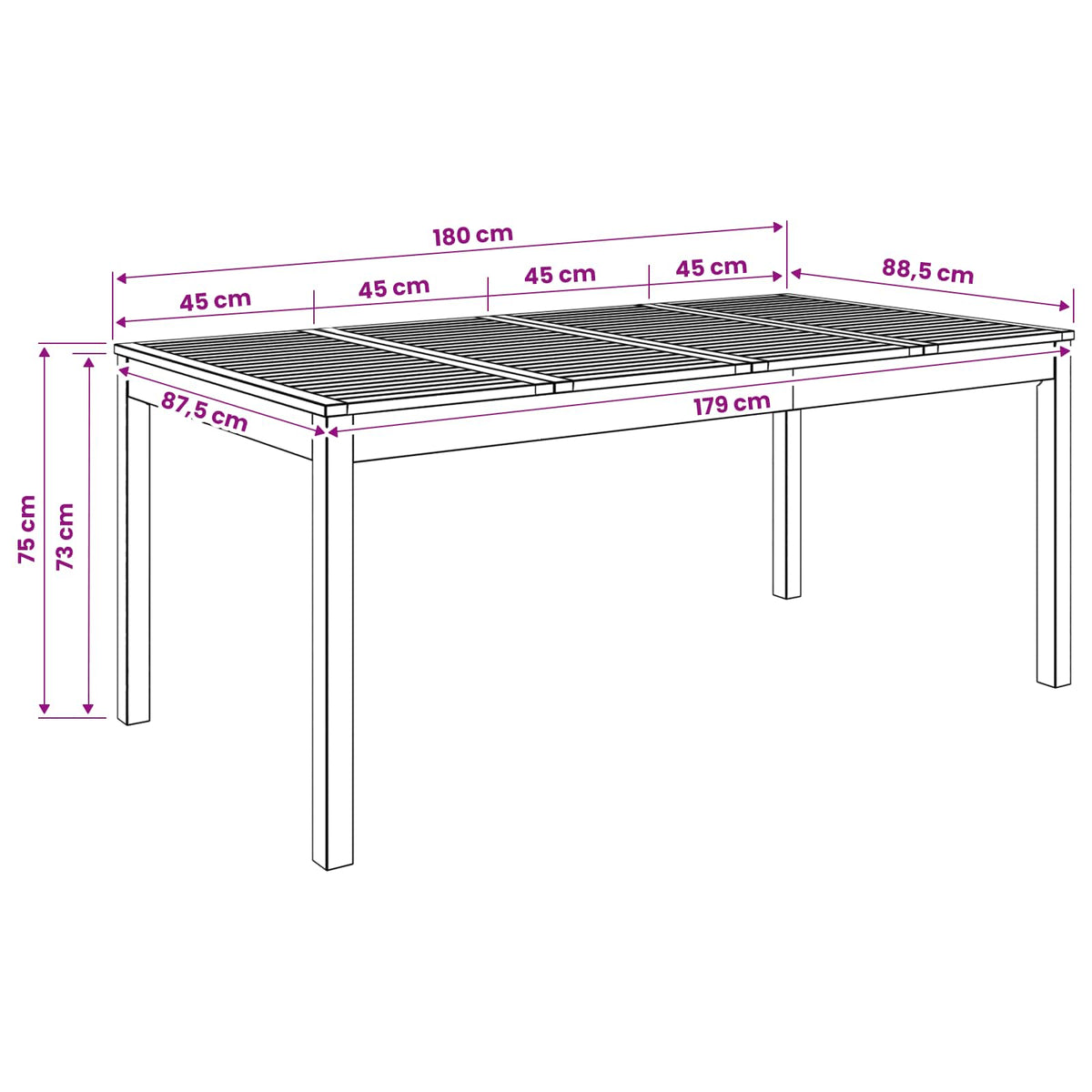 Tuindiner tafel Wit 180 x 88,5 x 75 cm Massief Acaciahout