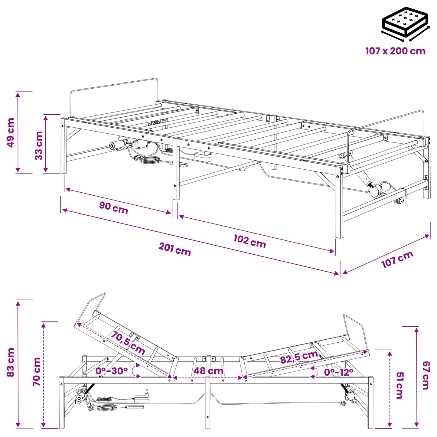 Elektrisch Verstelbaar Bedframe Zwart 107 x 200 cm Staal