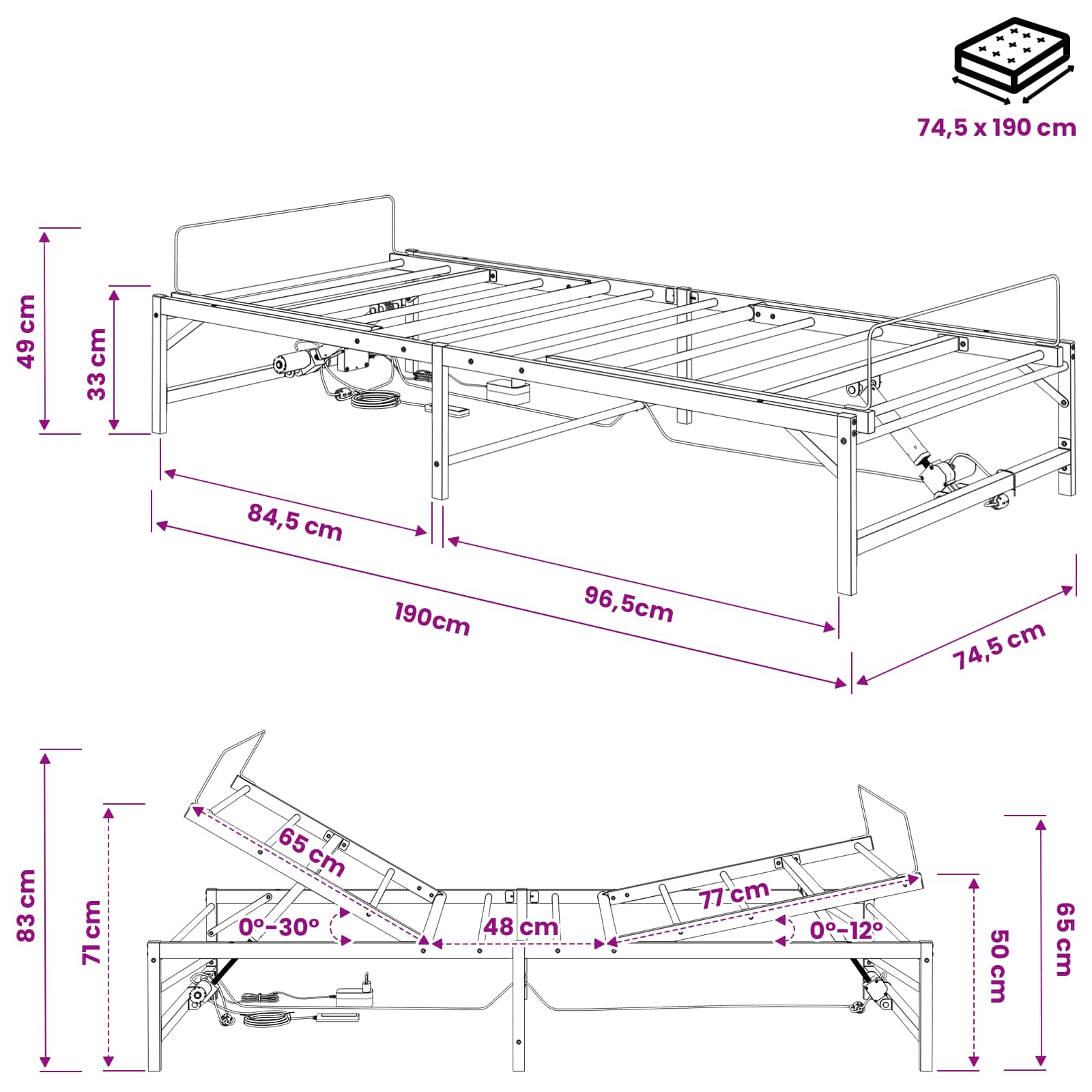 Elektrisch Verstelbaar Bedframe Wit 75 x 190 cm Staal