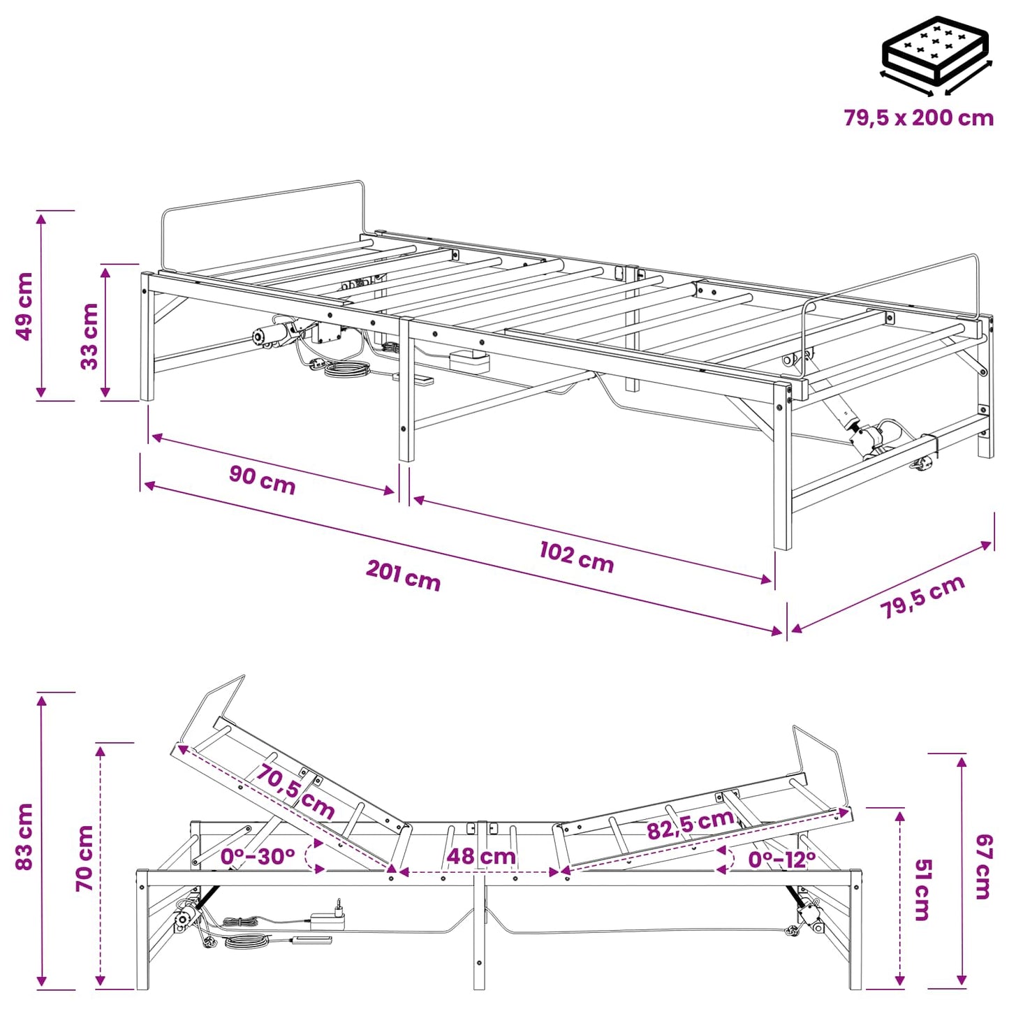 Elektrisch Verstelbaar Bedframe Wit 80 x 200 cm Staal