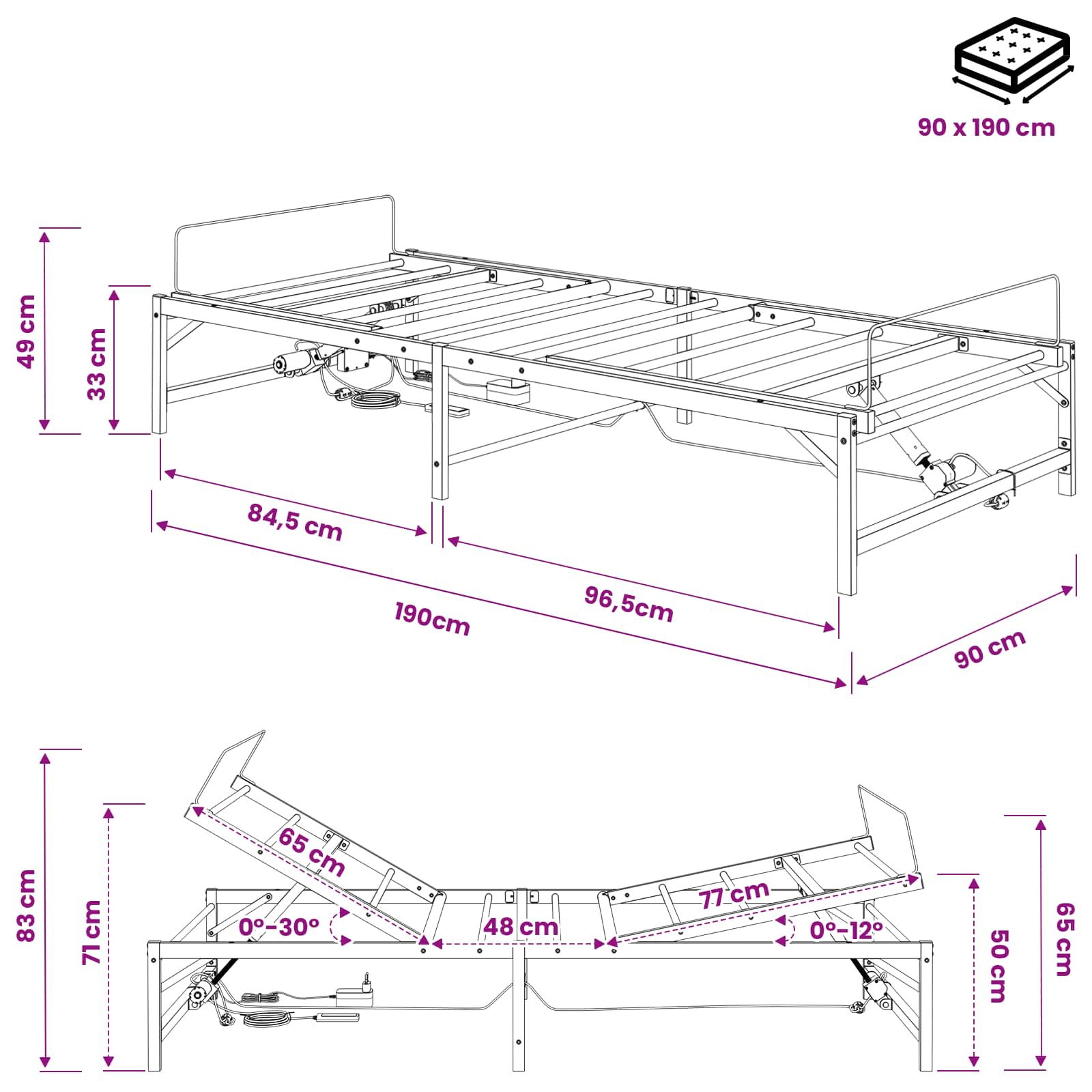 Elektrisch Verstelbaar Bedframe Wit 90 x 190 cm Staal