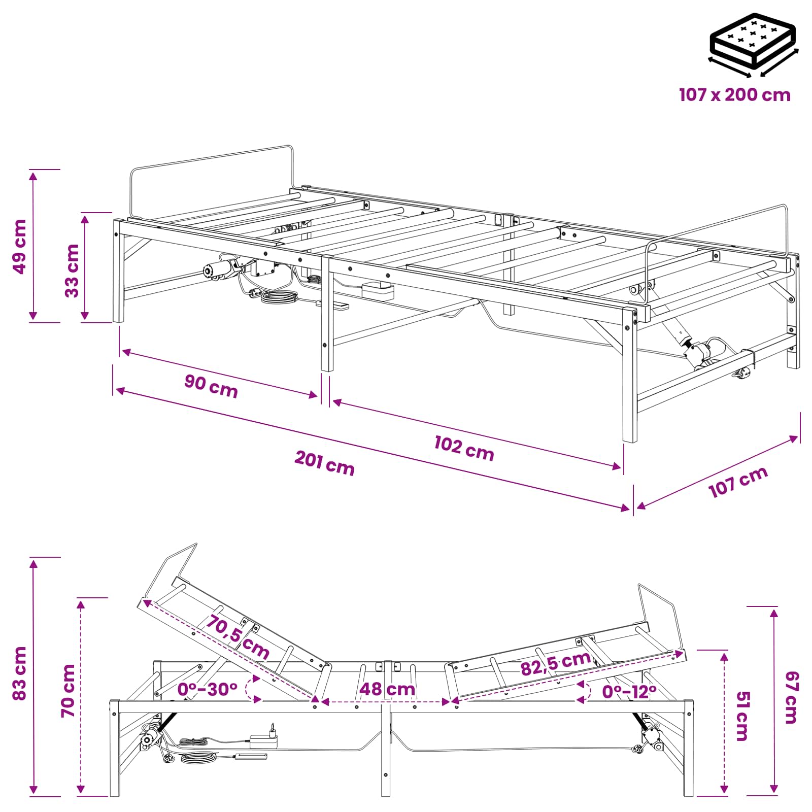 Elektrisch Verstelbaar Bedframe Wit 107 x 200 cm Staal